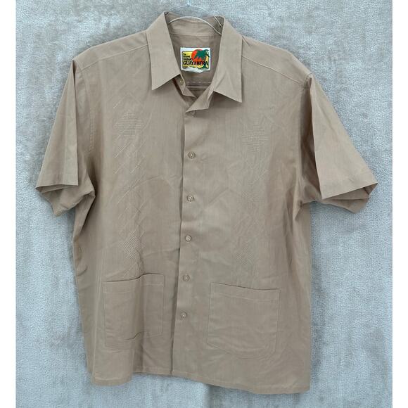 Vintage Haband Guayabera Shirt Men Medium Tan Button Up Embroidered Sheer Summer - Picture 1 of 5